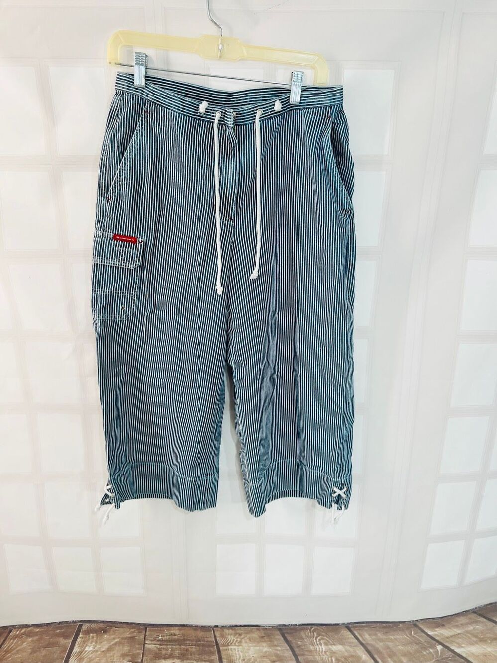 Lauren Ralph Lauren Blue White Striped Cargo Wide Leg Cropped Pants Size 14